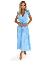543-2 Plisované midi šaty s výstřihem a jemnými volánky - MODRÉ