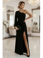 658-1 Třpytivé maxi šaty na jedno rameno s asymetrickými rukávy a rozparkem - černé