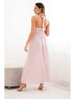 Dámské viskózové maxi šaty vázané na krku s ozdobnou sponou tmavě pudrově růžová