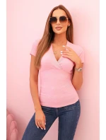 Dámská pruhovaná bavlněná blůza s překříženým výstřihem světle růžová