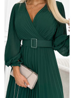 KLARA - Lahvově zelené dámské šaty s výstřihem a opaskem 414-1
