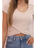 Dámská pruhovaná blůza s V výstřihem a krátkým rukávem béžová