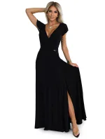 411-12 CRYSTAL lesklé dlouhé šaty s výstřihem - BLACK