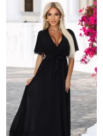 545-5 Dlouhé šaty se skládaným výstřihem a vázáním - ČERNÁ