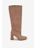 Dámské zateplené kozačky na podpatku s ozdobnými detaily Lucinda – béžové