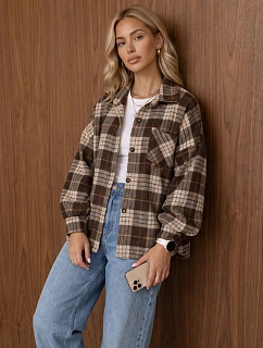 Dámská kostkovaná košile v oversize střihu, hnědá, FashionStreet TY6049