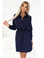 284-4 CAMILLE Košilové šaty s kapsami a vázáním - tmavě modré 284-4 CAMILLE Košilové šaty s kapsami a vázáním - tmavě modré