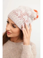 Dámská zimní čepice s vlnou v ozdobném pletení s bambulí K467 béžová