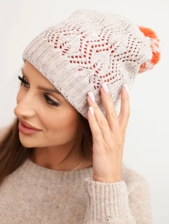 Dámská zimní čepice s vlnou v ozdobném pletení s bambulí K467 béžová