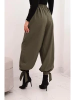 Dámské kalhoty s širokým nohavicí a vázáním dole khaki