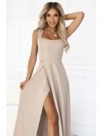 633-1 AURELIA dlouhé šaty s rozparkem a výstřihem typu caro - béžové s brokátem
