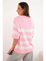 Dámský pruhovaný svetr s límečkem a krátkým rukávem růžový jasný