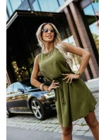 296-14 VICTORIA Trapézové šaty bez rukávů se zavazováním v pase - khaki barva