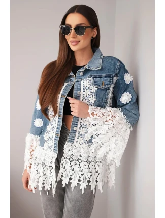 Dámská džínová bunda bavlněná s květinovou krajkou a třásněmi tmavě džínová