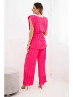 Dámský viskózový plisovaný komplet s vázací halenkou a širokými kalhotami růžový