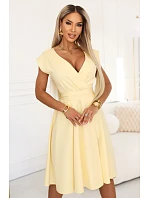 348-13 SCARLETT rozšířené midi šaty s obálkovým výstřihem a páskem - máslově žluté