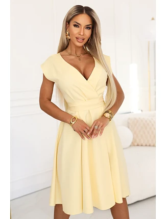 348-13 SCARLETT rozšířené midi šaty s obálkovým výstřihem a páskem - máslově žluté