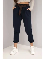 Dámské kalhoty bavlněné s páskem a ohrnutým nohavicemi granátové