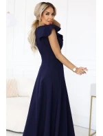 660-1 Elegantní maxi šaty s volánky, hlubokým výstřihem a rozparkem na nohou - tmavě modré