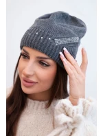 Dámská zimní vlněná čepice s ozdobným páskem z krystalů K402 grafitová