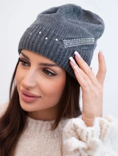 Dámská zimní vlněná čepice s ozdobným páskem z krystalů K402 grafitová