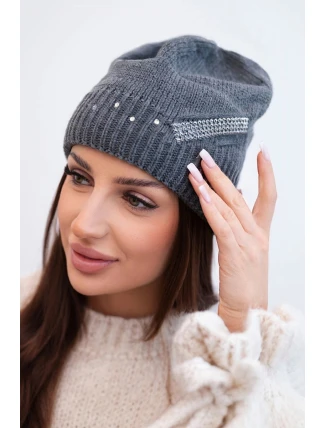 Dámská zimní vlněná čepice s ozdobným páskem z krystalů K402 grafitová