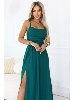 589-6 Maxi šaty bez ramínek s korzetovým zavazováním na zádech a rozparkem - lahvově zelené