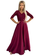 309-9 AMBER elegantní dlouhé maxi šaty s krajkovým výstřihem - Bordeaux