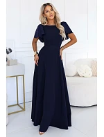 694-4 MIRELLA Elegantní maxišaty s rozšiřujícím se střihem a flitrovými rukávy – tmavě modré 694-4 MIRELLA Elegantní maxišaty s rozšiřujícím se střihem a flitrovými rukávy – tmavě modré