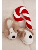 Dámské huňaté pantofle s motivem pejska – béžové Faylen