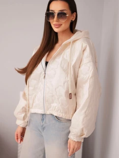 Dámská prošívaná bunda s kapucí a ozdobným květinovým ražením béžová