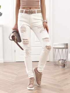 Vypasované džínové kalhoty s dírami v krémové barvě