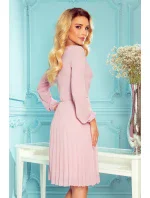 313-4 ISABELLE Plisované šaty s hlubokým výstřihem a dlouhými rukávy - Powder Pink