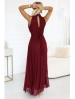 636-1 VERONICA luxusní dlouhé šaty s brokátovým akcentem a elegantní linií - vínová barva