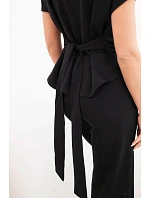 Dámský komplet z měkkého úpletu s halenkou s krátkým rukávem a kalhotami se širokými nohavicemi černý Dámský komplet z měkkého úpletu s halenkou s krátkým rukávem a kalhotami se širokými nohavicemi černý