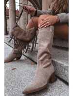 Dámské kozačky cowboy na podpatku z eko semiše béžové Esmira