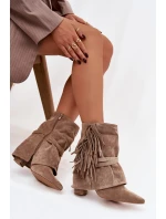 Dámské kotníkové boty na sloupkovém podpatku s třásněmi a zlatými přezkami Evelisse – béžové