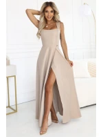 633-1 AURELIA dlouhé šaty s rozparkem a výstřihem typu caro - béžové s brokátem