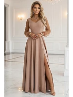 640-4 LORETTA jedinečné dlouhé šaty s tylovými rukávy a výstřihem - béžové