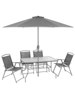 SADA ZAHRADNÍHO NÁBYTKU STŮL 4 ŽIDLE A SLUNEČNÍK ŠEDÁ