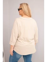 Dámská bavlněná blůza Plus Size s hlubokým výstřihem do V a asymetrickým spodním lemem béžová