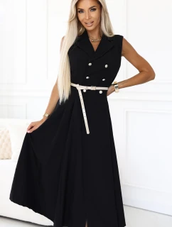596-3 Elegantní midi košilka se zlatými knoflíky a páskem - ČERNÁ