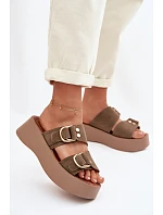 Dámské platformové pantofle se zlatými sponami olivové Nelirae