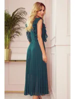 EMILY - Plisované dámské šaty v lahvově zelené barvě s volánky a výstřihem 315-1