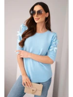 Dámský svetr s krátkým rukávem a ozdobnými mašličkami modrý