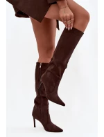 Zateplené dámské kozačky na jehlovém podpatku z eko semiše čokoládové Rosavine Zateplené dámské kozačky na jehlovém podpatku z eko semiše čokoládové Rosavine