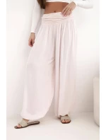 Dámské viskózové kalhoty se širokými nohavicemi a nařasením pudrově růžové