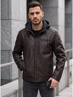 Pánská kožená zateplená bunda s kapucí, hnědá, FashionStreet TX5148