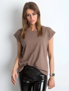 Hnědé bavlněné tričko t-shirt s ohrnutými rukávky Feel Good (4833.36X)