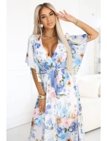 603-3 Vzdušné maxi šaty s obálkovým výstřihem a květinovým vzorem - BLUE ROSE